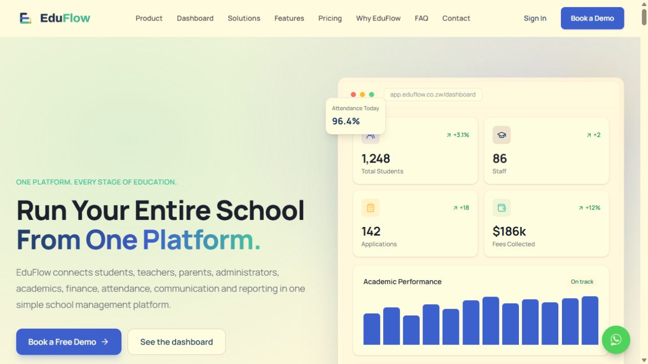 EduFlow school management platform homepage