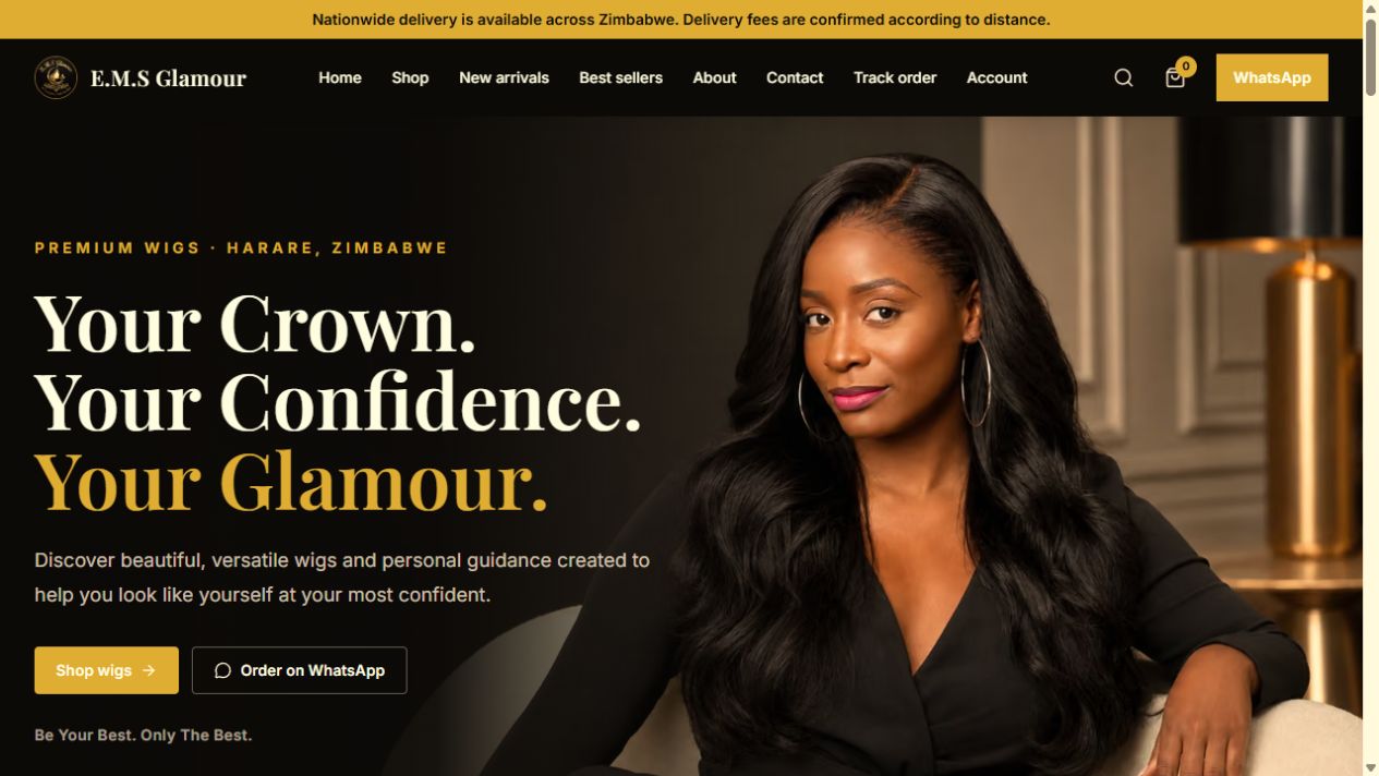 EMS Glamour homepage featuring its wig collection