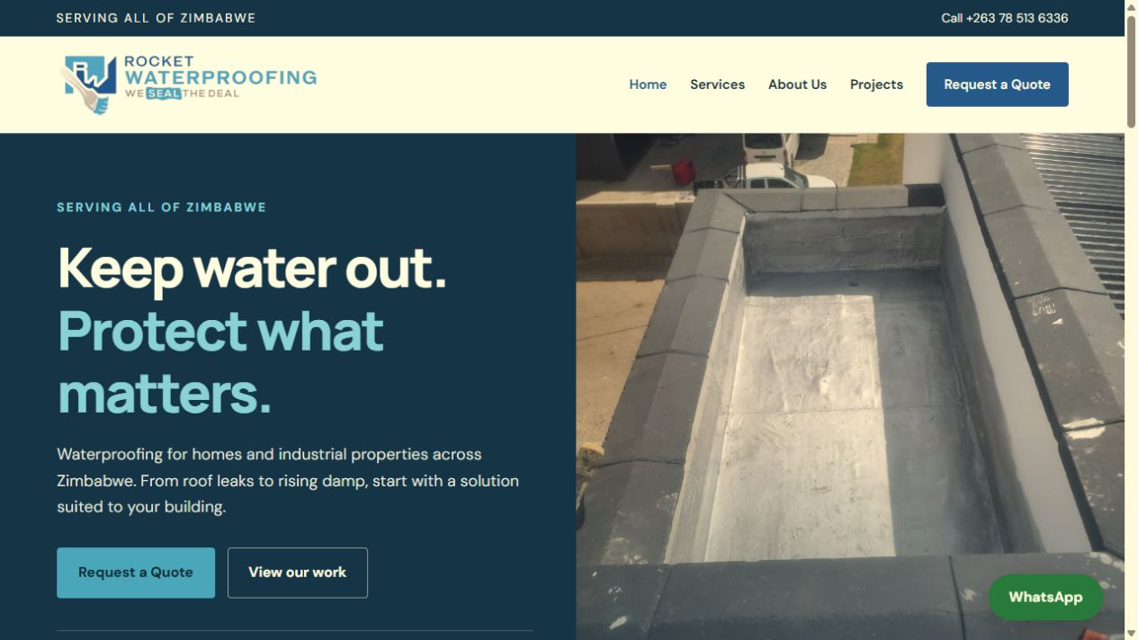 Rocket Waterproofing homepage showing its services and rooftop work